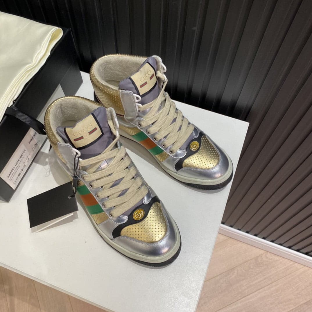 (1:1 replica) Gucci Women s Screener High-top Sneakers Silver Gold For Women 5634850