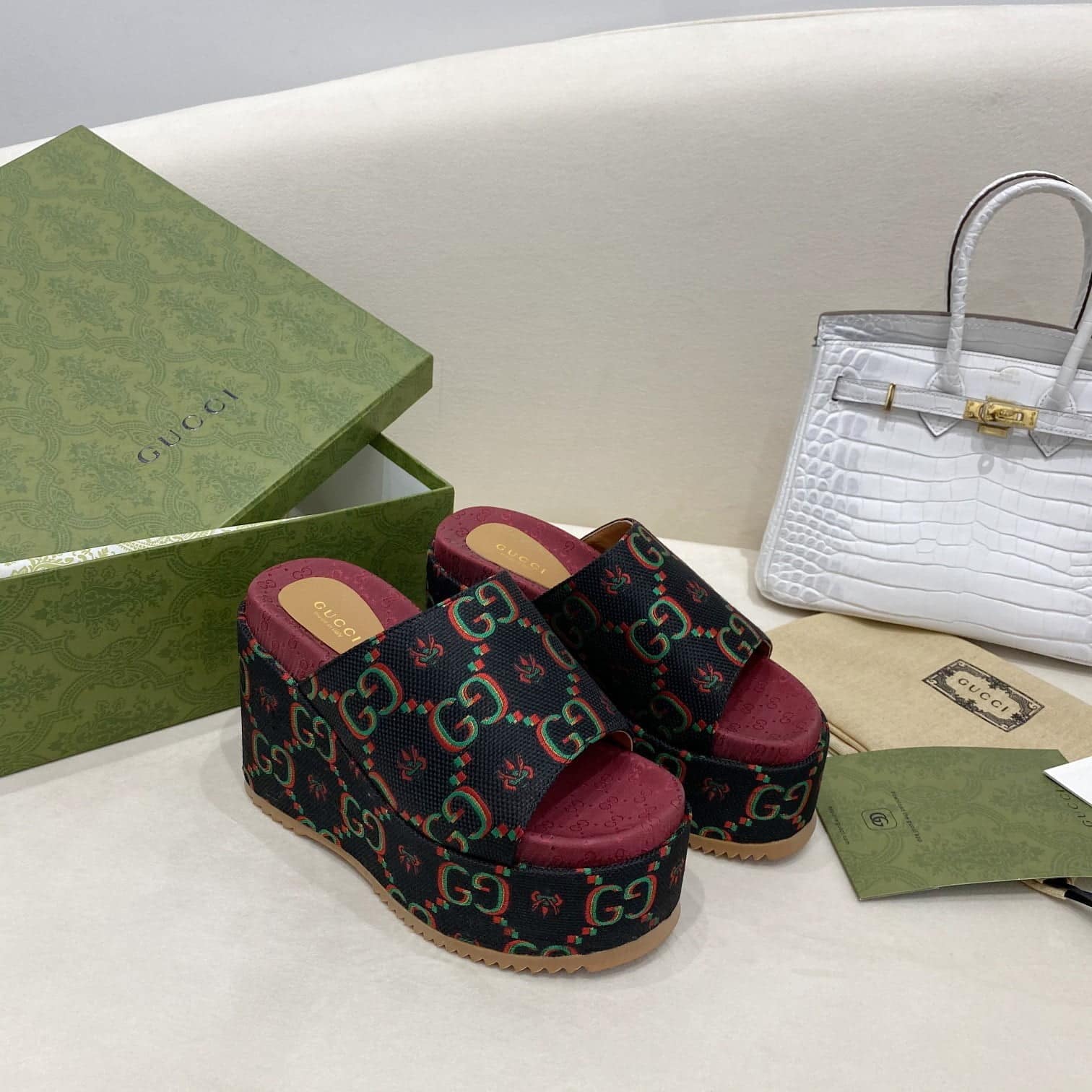 (1:1 replica) Gucci Platform Slide Sandal Jacquard Black For Women GG 623212 UN300 1289