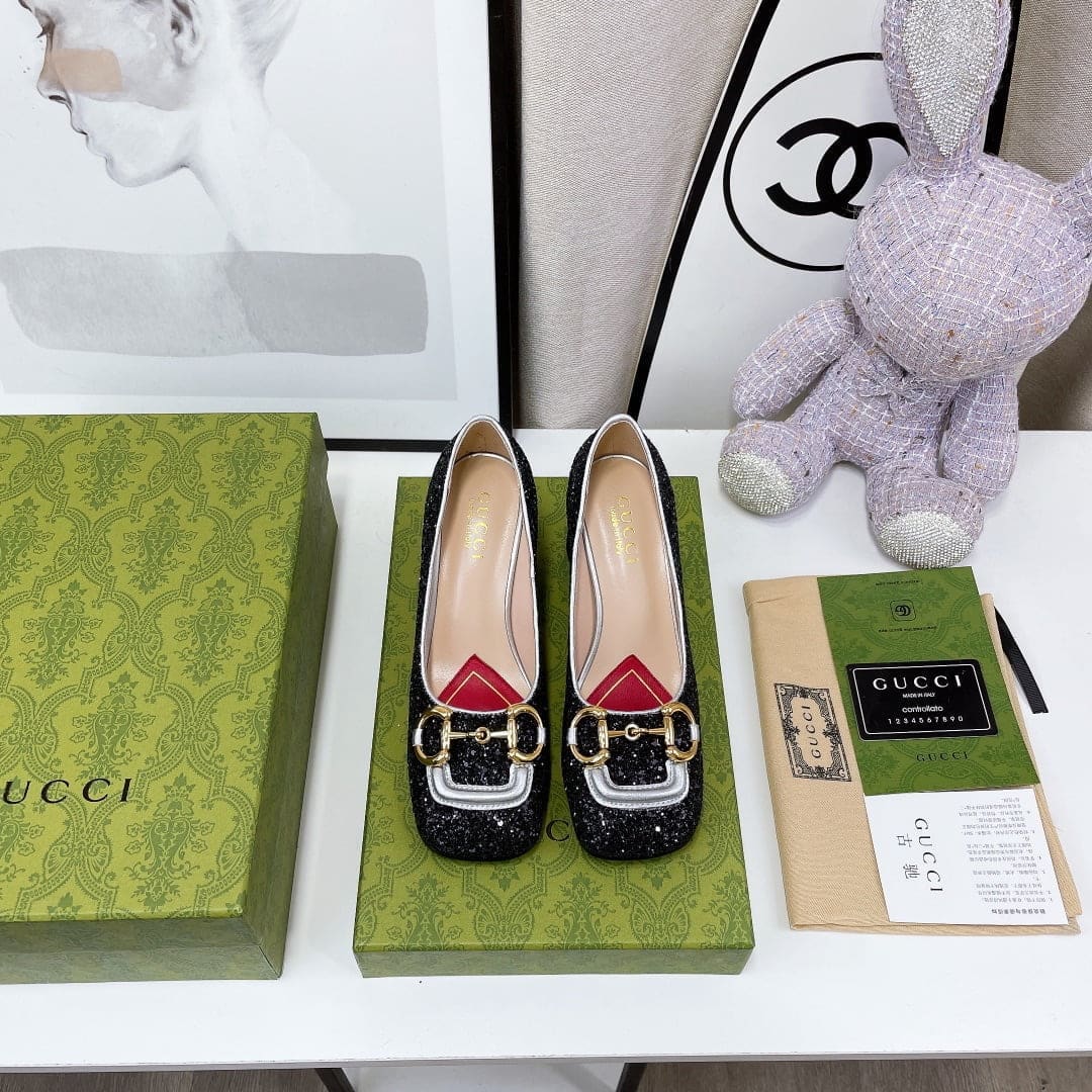 (1:1 replica) Gucci Lovelight Mid-Heel Crystal Ballet Flat With Horsebit Black For Women GG