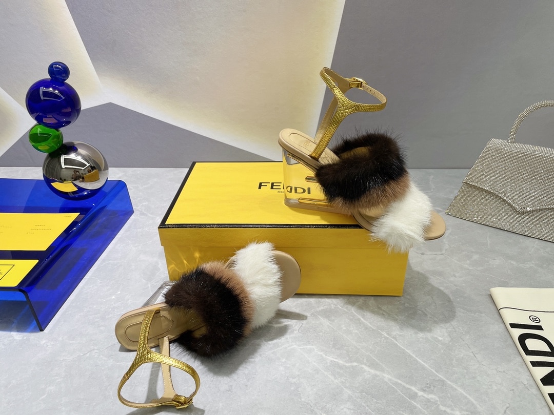(1:1 replica) Fendi First White Mink High-Heeled Sandals For Women 8X8275AI11F1H00