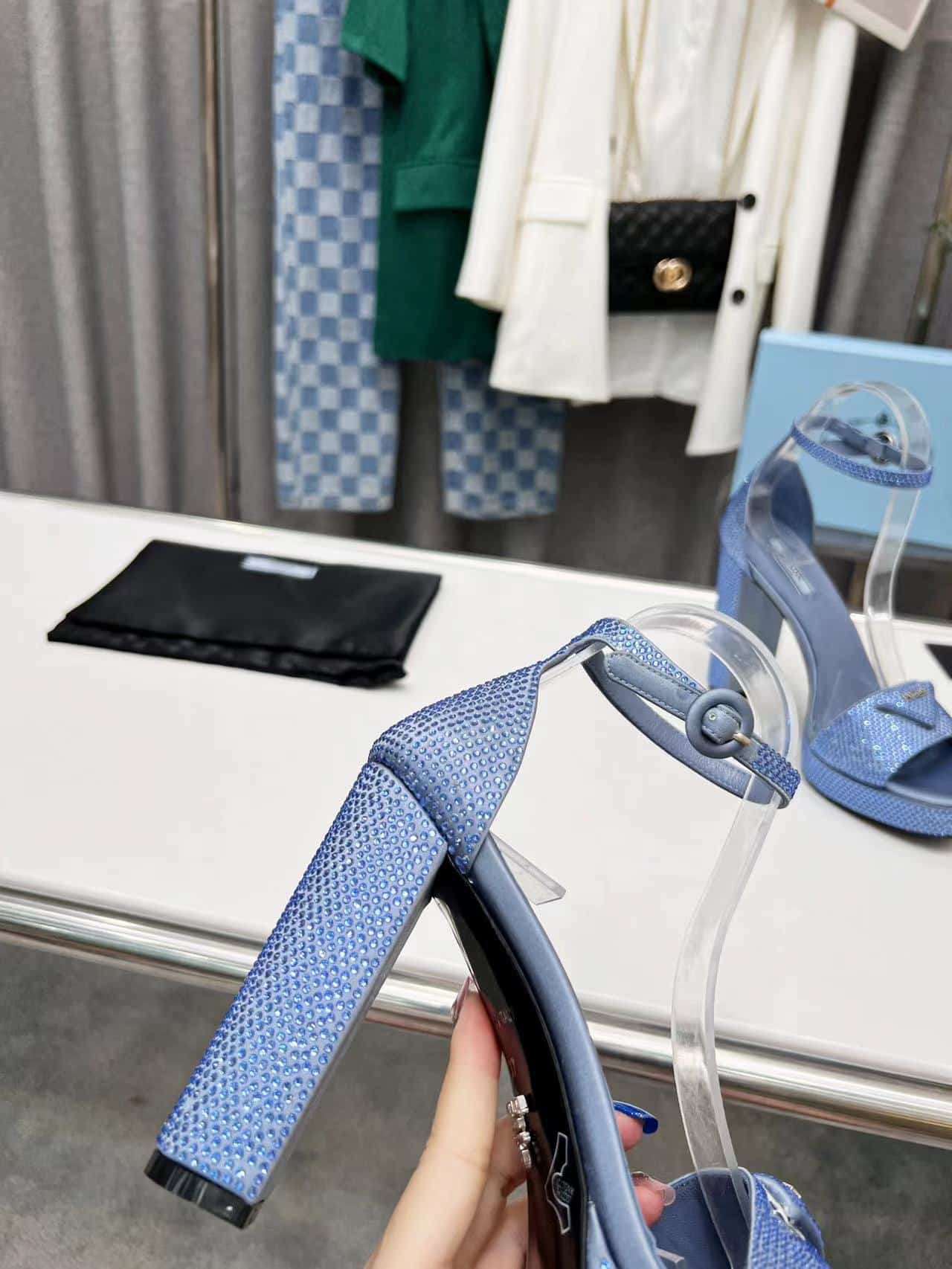 (1:1 replica) Prada Satin Platform Sandals With Crystals Blue For Women 5.3in/135mm PRD
