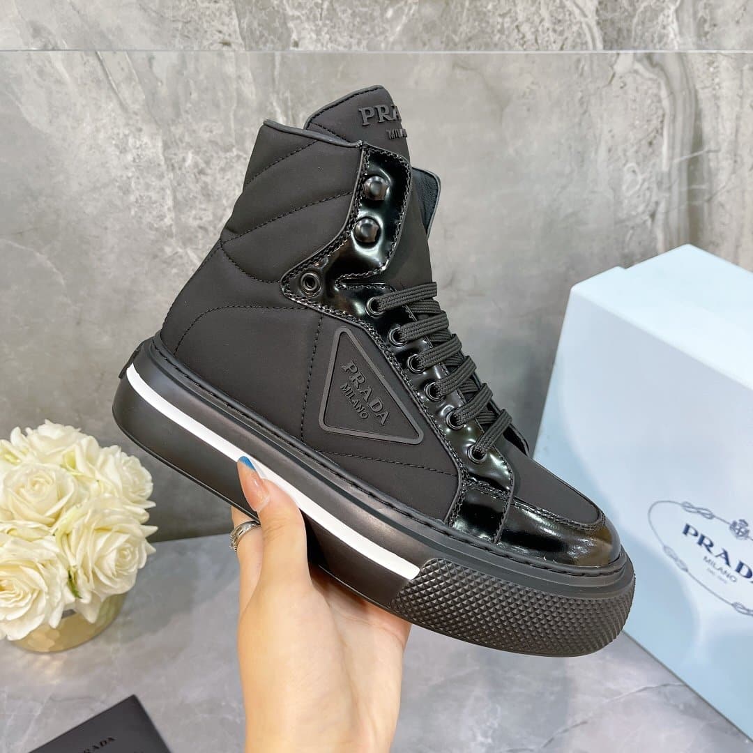 (1:1 replica) Prada Macro Re-Nylon And Brushed High-Top Sneakers Black For Women 1.8in/45mm PRD 1T642M_3LF5_F0632_F_B045