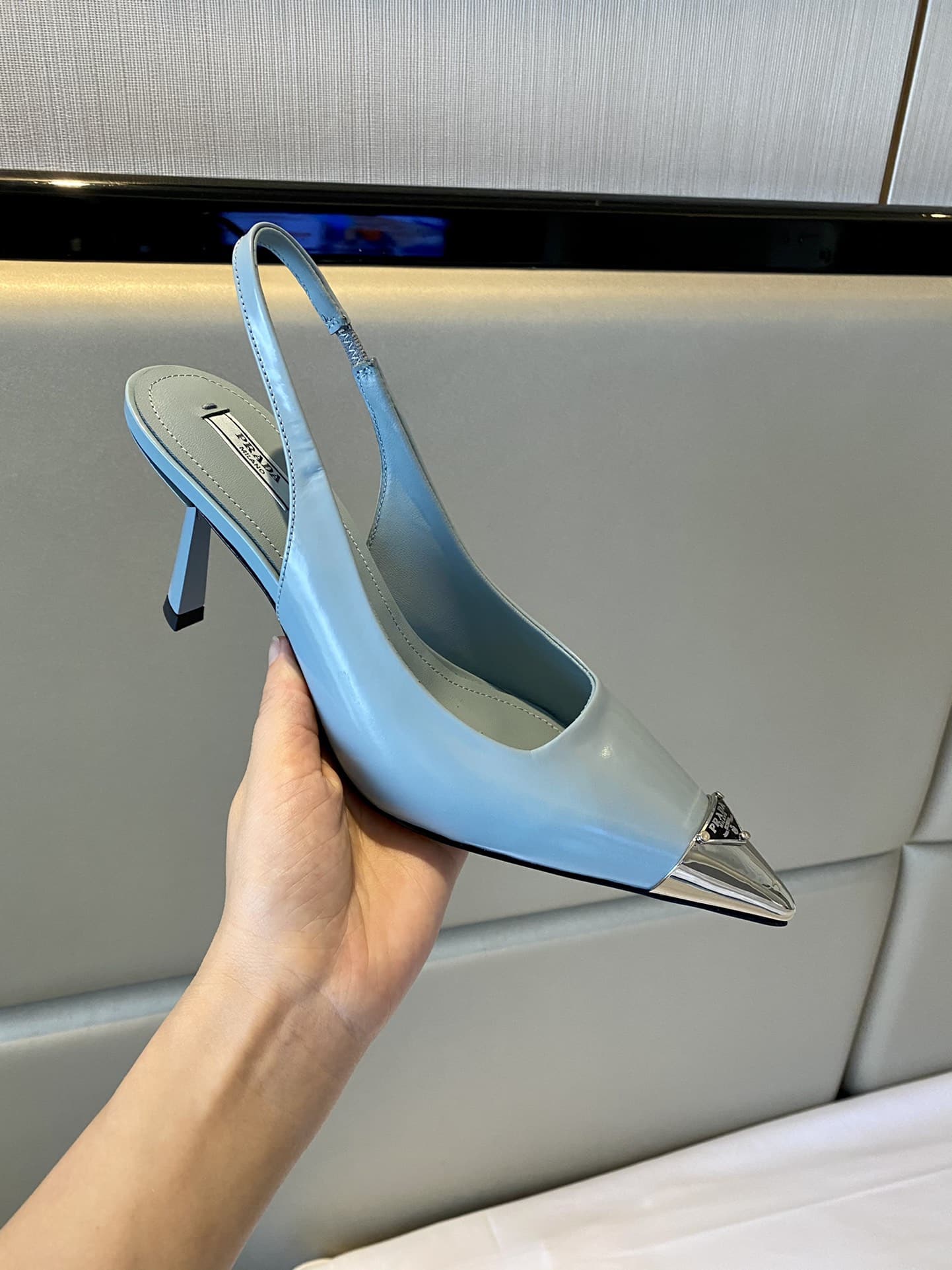 (1:1 replica) Prada Brushed Slingback Pumps Blue For Women 2.9in/75mm PRD