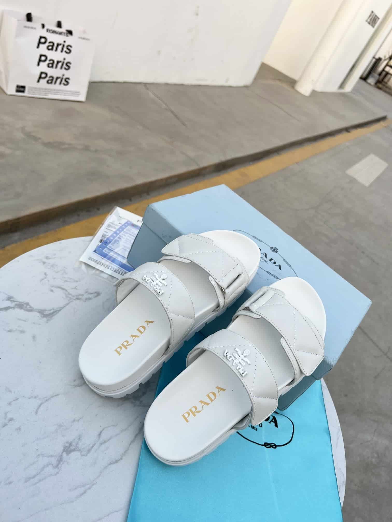 (1:1 replica) Prada Padded Nappa Slides White For Women 0.8in/20mm PRD