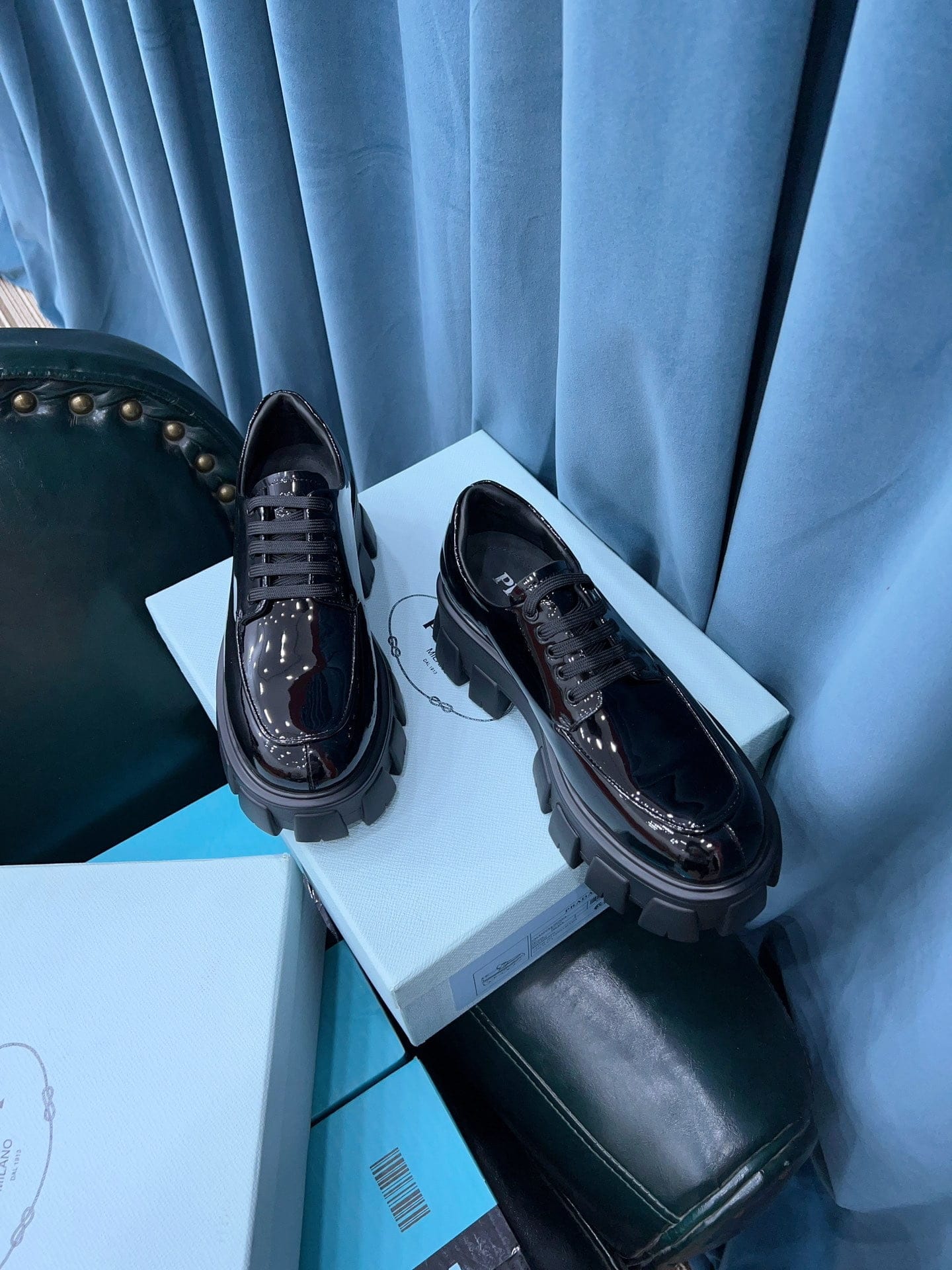 (1:1 replica) Prada Monolith Brushed Lace-Up Shoes Shiny Black For Women 2.4in/60mm PRD
