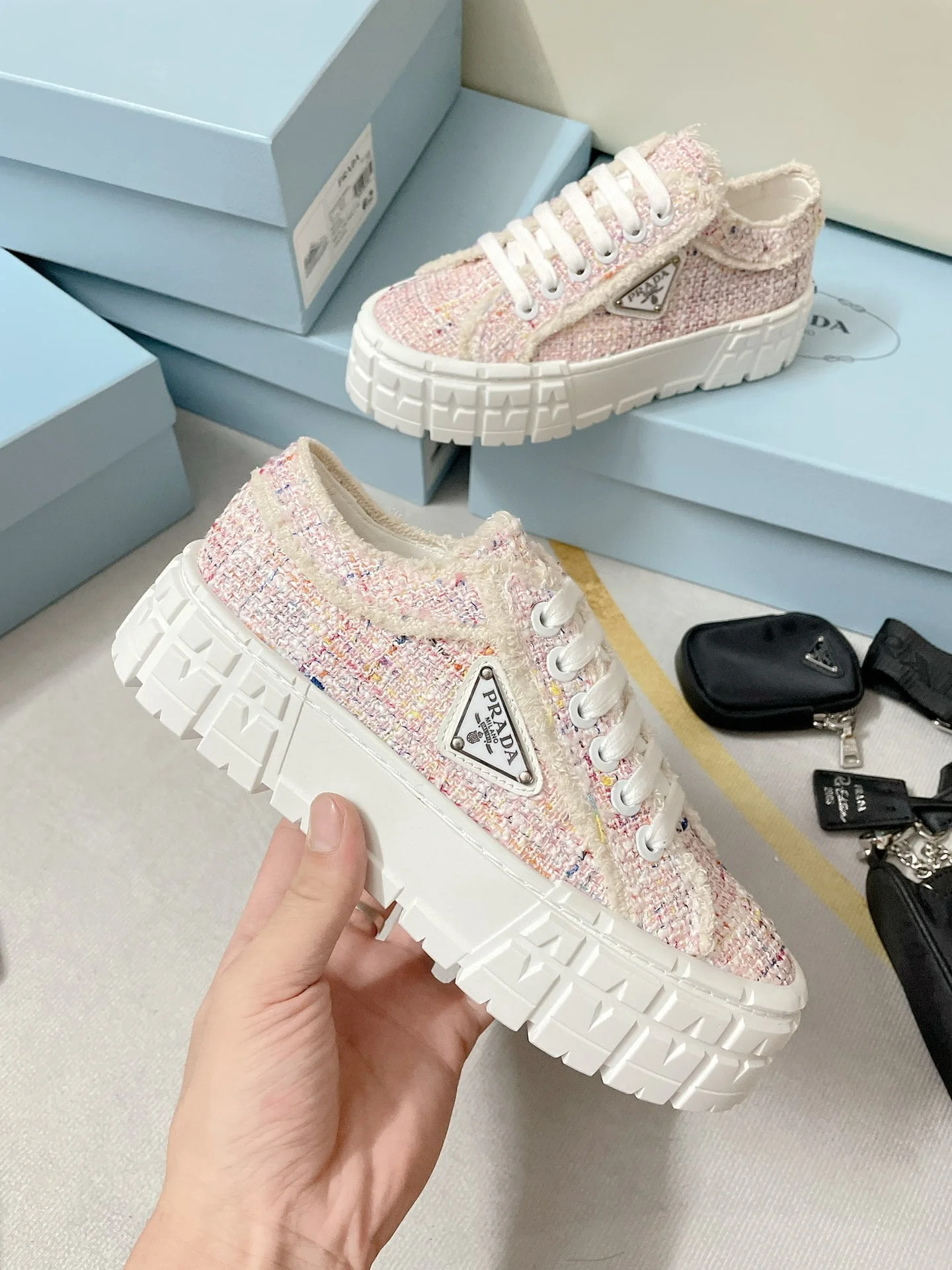 (1:1 replica) Prada Double Wheel Gabardine Sneakers Pink For Women 2in/50mm PRD