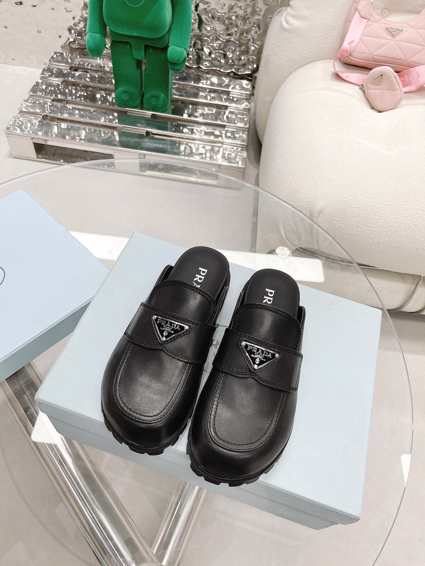 (1:1 replica) Prada Chocolate Brushed Mules Black For Women 1.6in/40mm PRD
