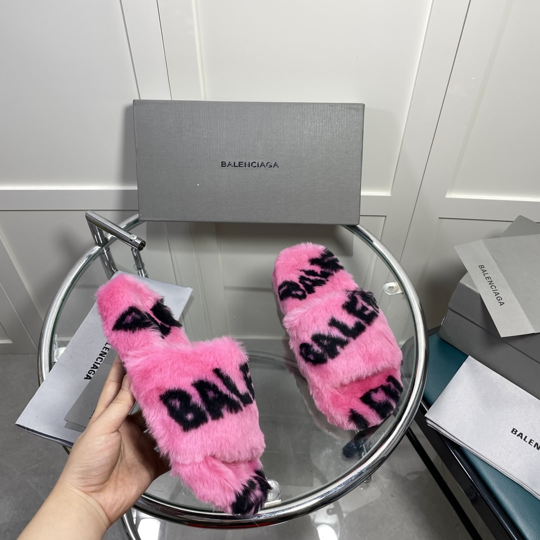 (1:1 replica) Balenciaga Furry Slide Sandal Allover Logo Pink For Women