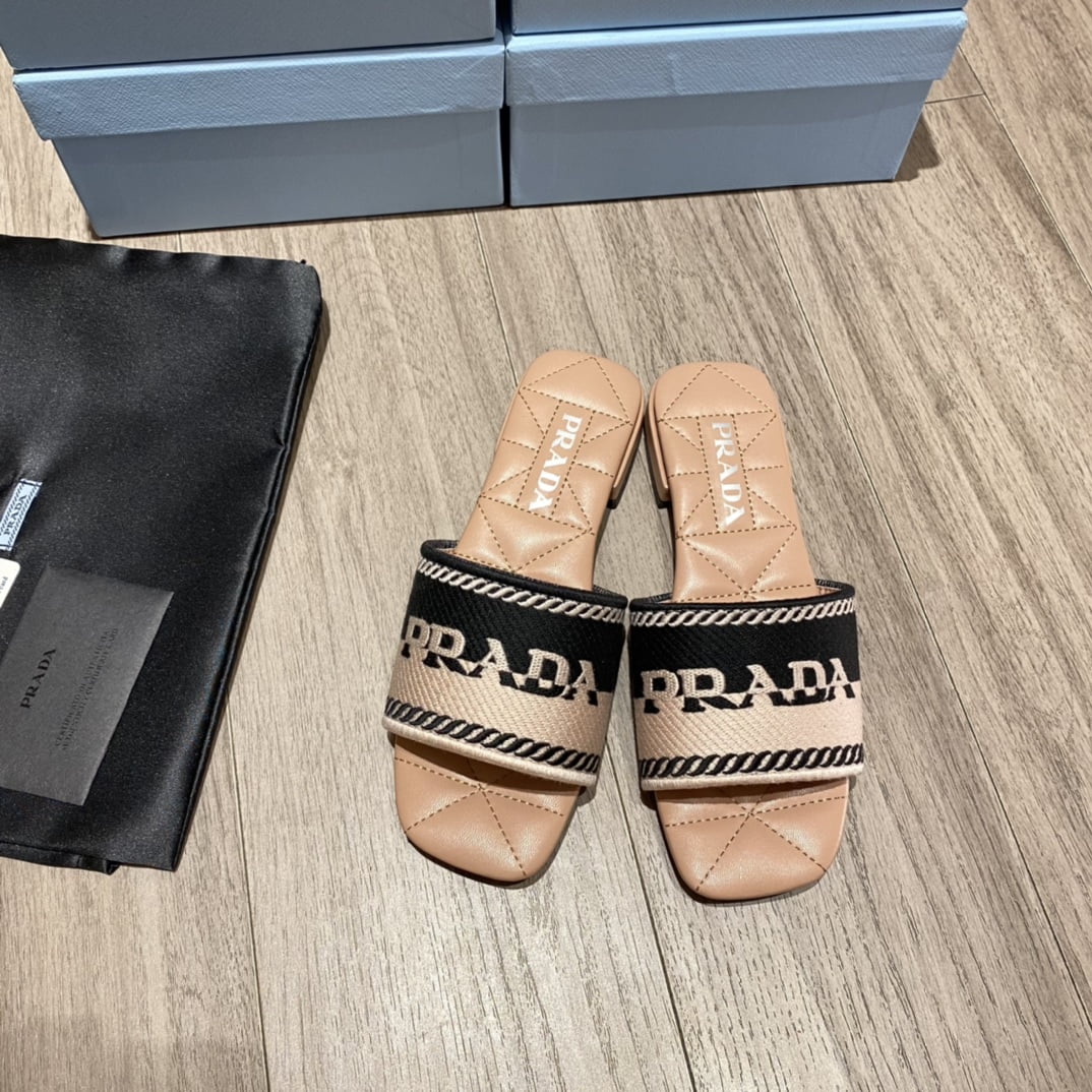 (1:1 replica) Prada Embroidered Fabric Slides Black/Orange For Women 0.4in/10mm PRD