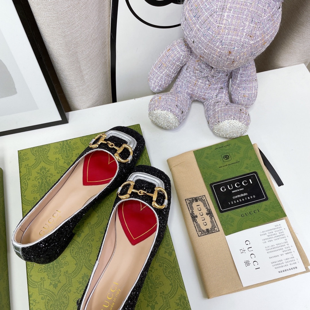(1:1 replica) Gucci Lovelight Crystal Ballet Flat With Horsebit Black For Women GG