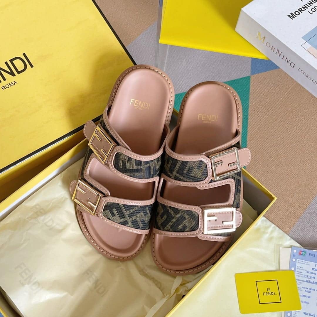 (1:1 replica) Fendi Feel Brown FF Fabric Slides For Women 8X8326AEGVF1HHG