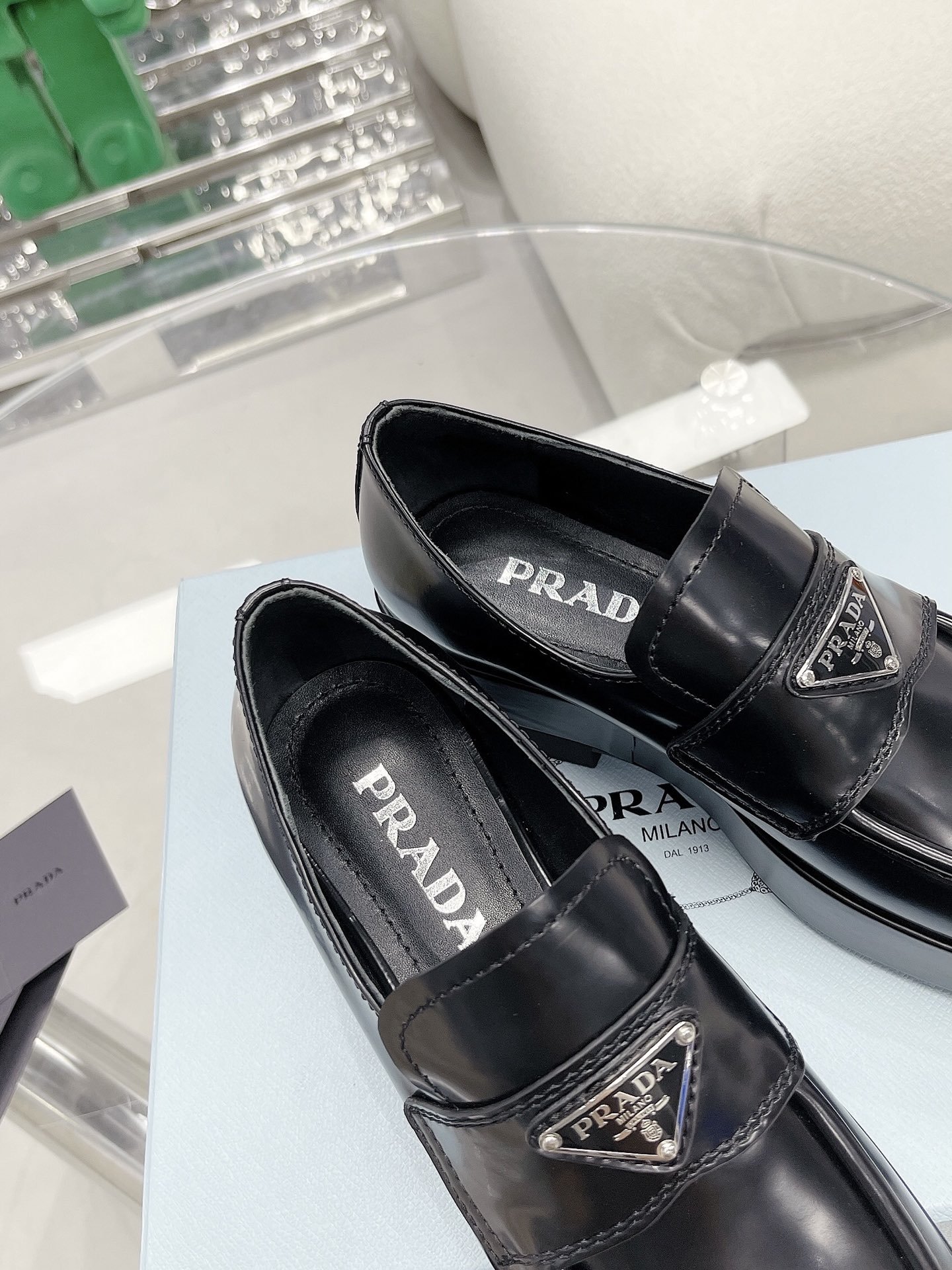 (1:1 replica) Prada Brushed Loafers Black For Women 1in/25mm PRD 1D902M_055_F0002_F_025