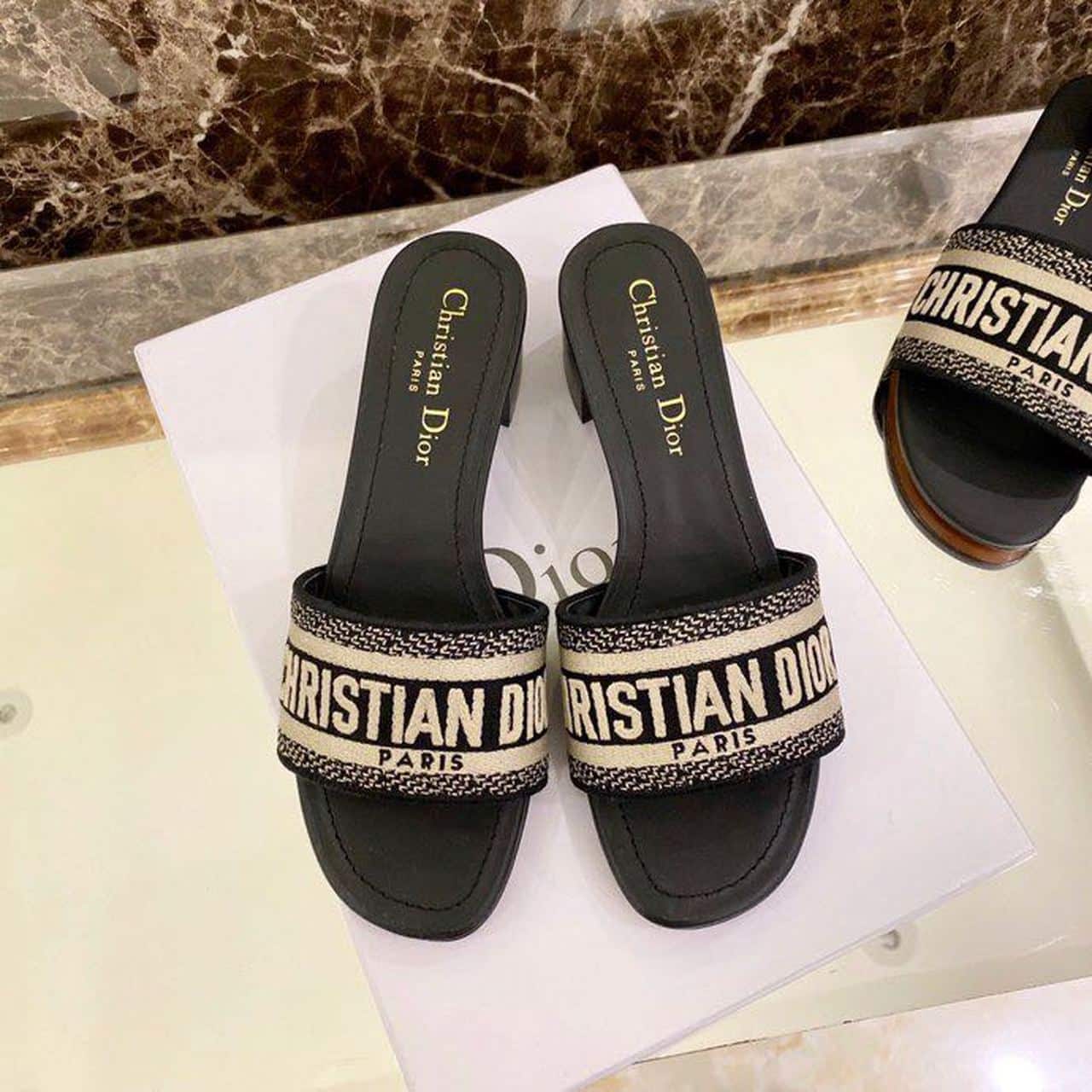 (1:1 replica) Christian Dior Dway Heeled Slide Deep Black Embroidered Cotton Deep For Women CD KCQ244ERC_S56B