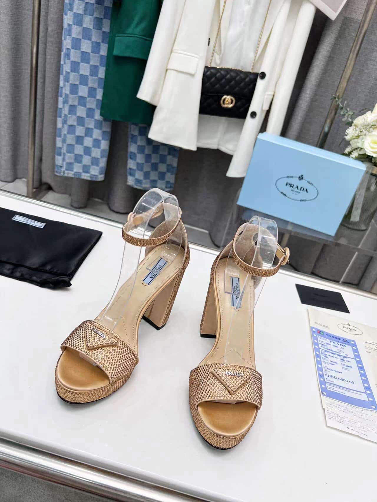 (1:1 replica) Prada Satin Platform Sandals With Crystals Gold For Women 5.3in/135mm PRD P00720612