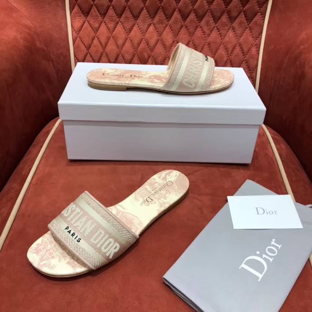 (1:1 replica) Christian Dior Dway Slide Embroidered Cotton Pink For Women CD