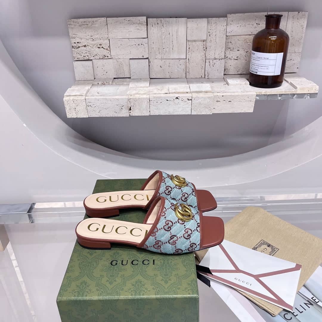 (1:1 replica) Gucci Women s GG Raffia Effect Slide Brown For Women GG