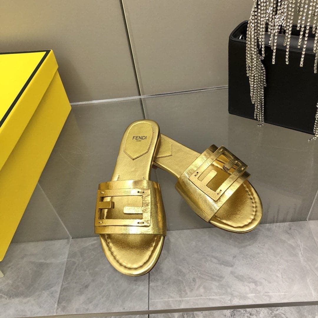 (1:1 replica) Fendi Baguette Gold Nappa Slides For Women 8R8136AI16F0XV6