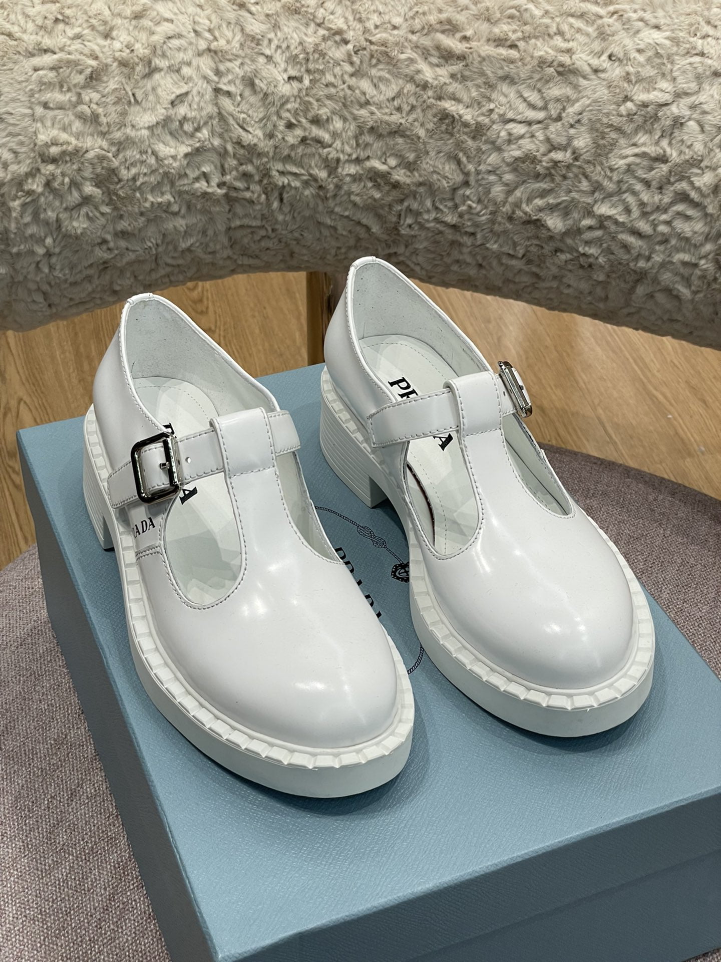 (1:1 replica) Prada Brushed Mary Jane T-strap Shoes White For Women 2in/50mm PRD 1E834M_055_F097W_F_B050