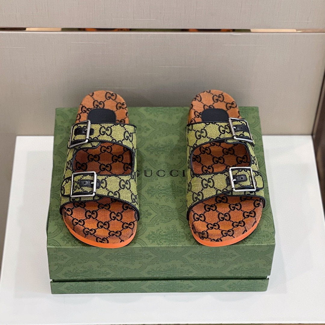 (1:1 replica) Gucci Women s Slide Sandal With Straps Orange And Green For Women 658020 2HK60