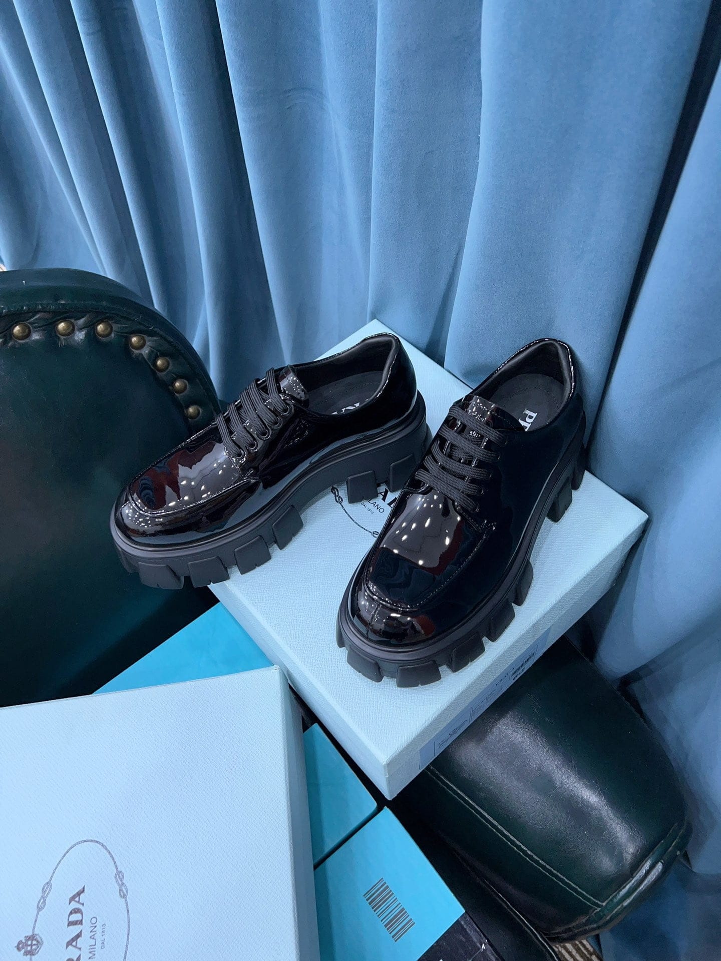 (1:1 replica) Prada Monolith Brushed Lace-Up Shoes Shiny Black For Women 2.4in/60mm PRD