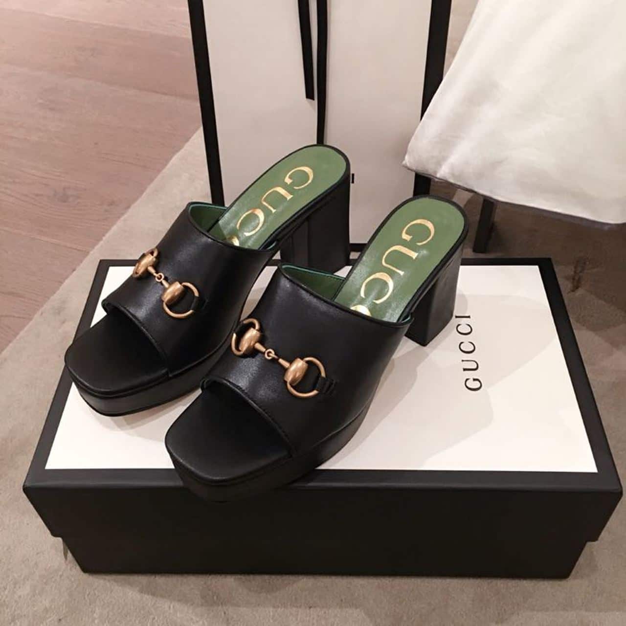 (1:1 replica) Gucci Horsebit Platform Mules Calfskin Leather Spring/Summer Collection Black