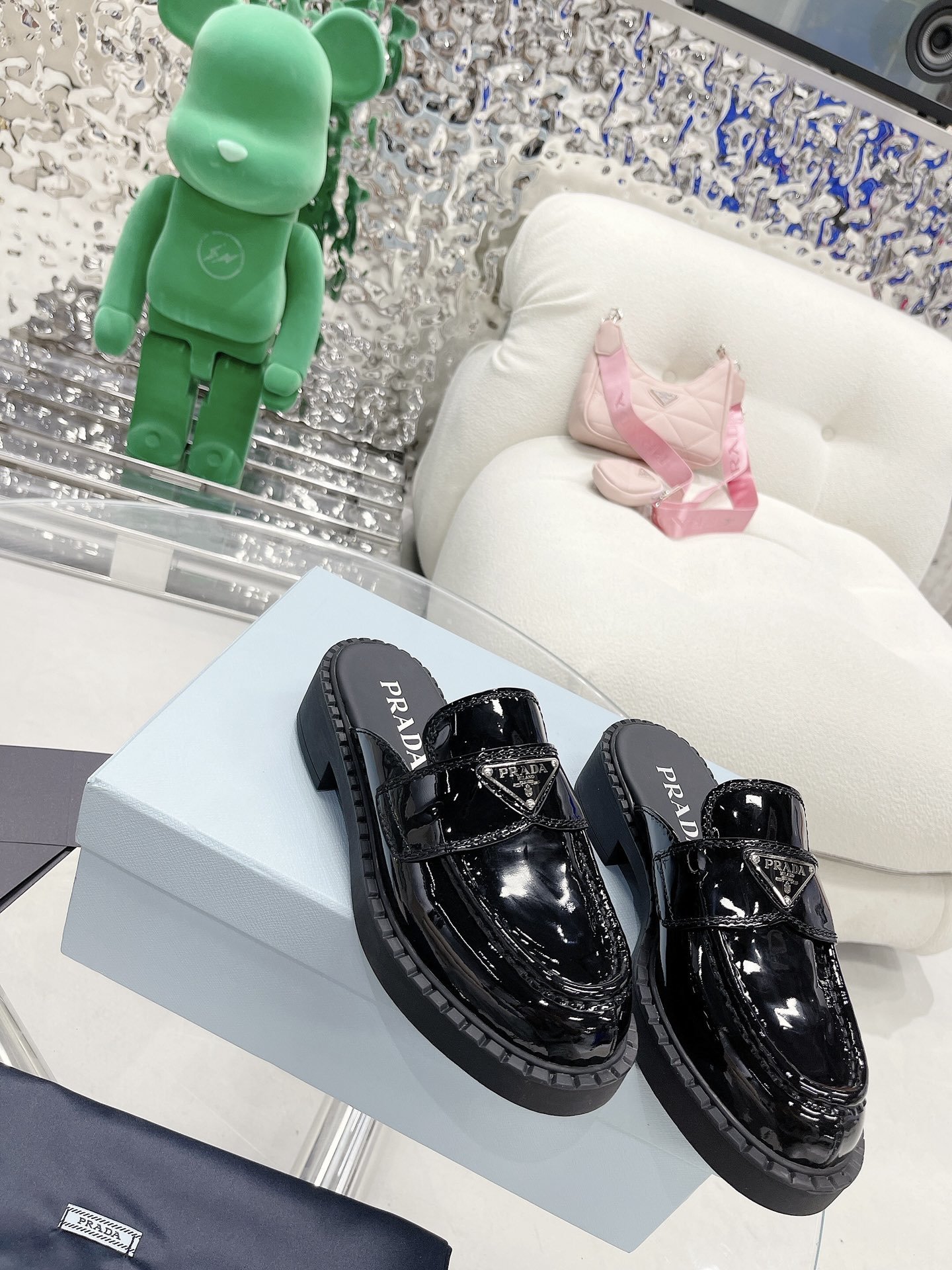 (1:1 replica) Prada Chocolate Brushed Mules Shiny Black For Women 1.6in/40mm PRD