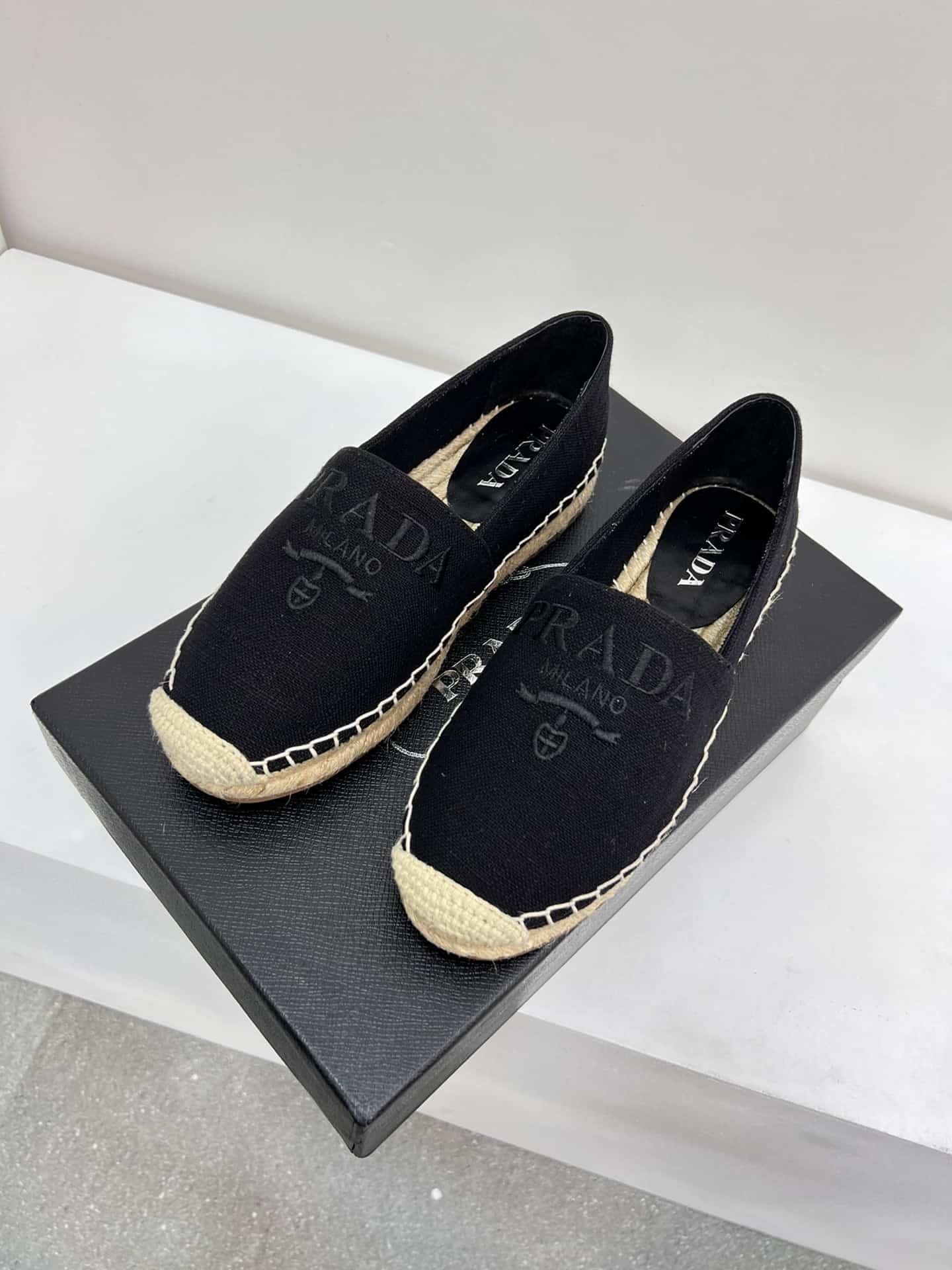 (1:1 replica) Prada Linen Espadrilles Black For Women 0.8in/20mm PRD