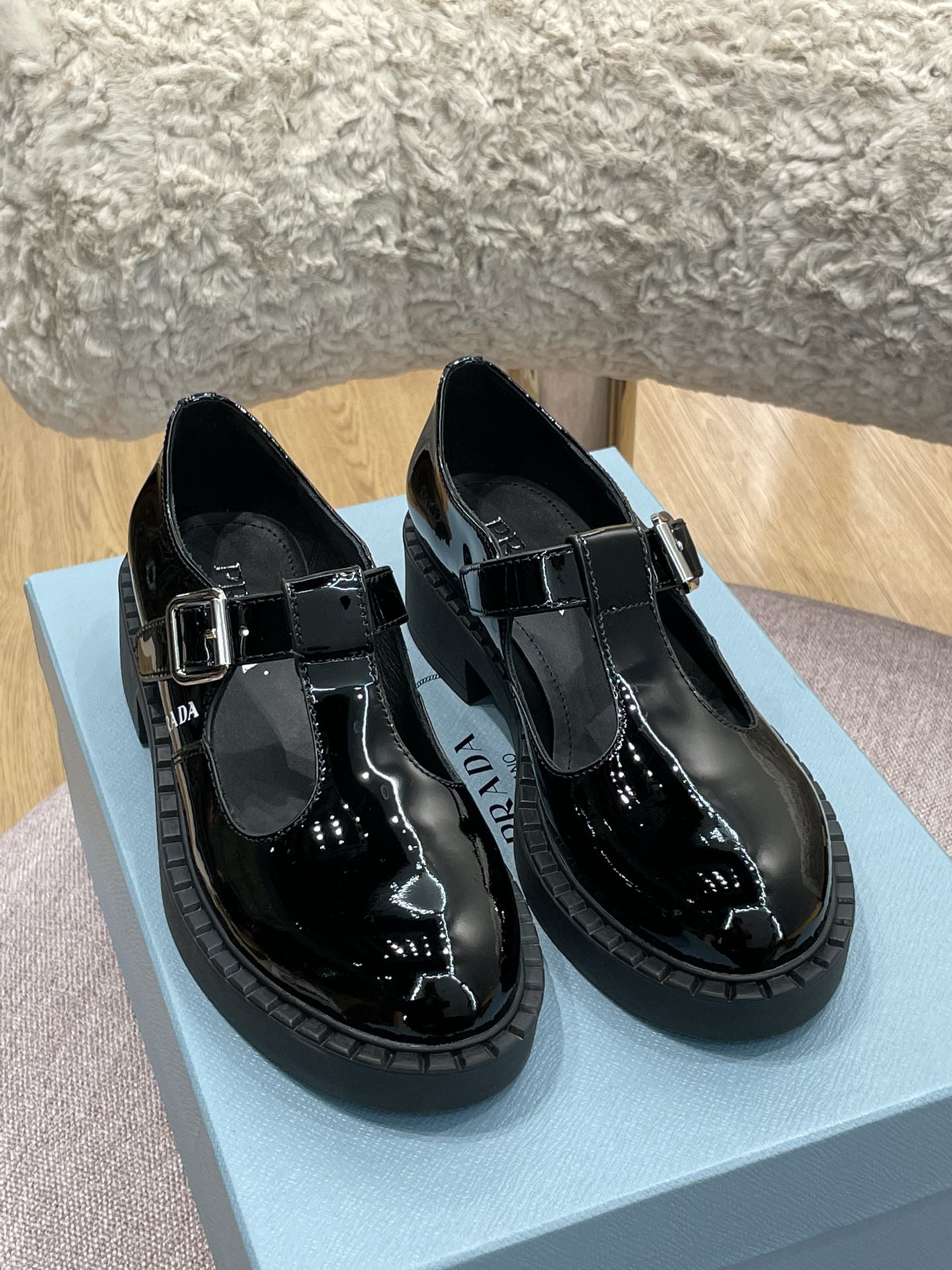(1:1 replica) Prada Brushed Mary Jane T-strap Shoes Shiny Black For Women 2in/50mm PRD