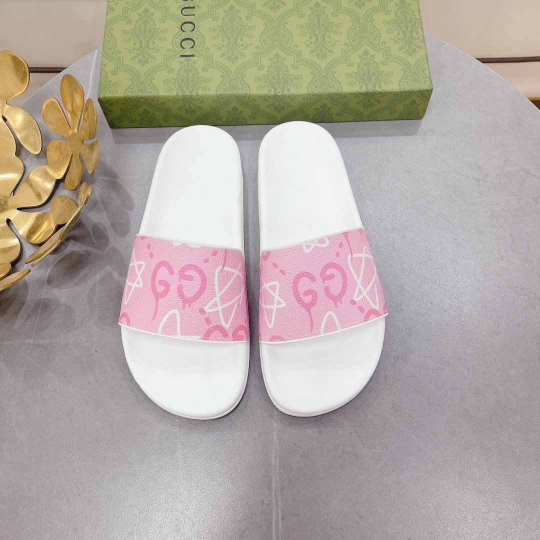 (1:1 replica) Gucci Women s GG Stars Print Slide Sandal Pink And White For Women 408508
