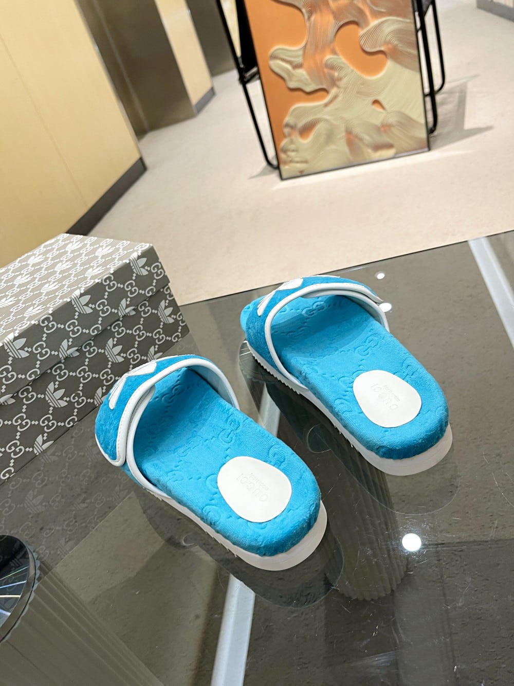 (1:1 replica) Gucci x Adidas Women s GG Platform Sandal Light Blue For Women GG