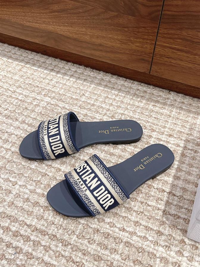 (1:1 replica) DIOR DWAY SLIDE DEEP BLUE EMBROIDERED COTTON DS020