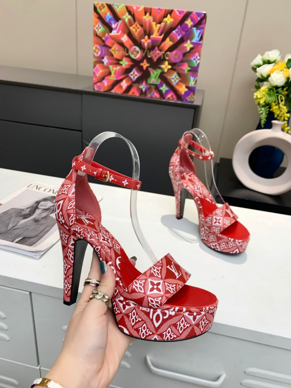 (1:1 replica) Louis Vuitton Women s Afterglow Platform Sandal Red For Women LV