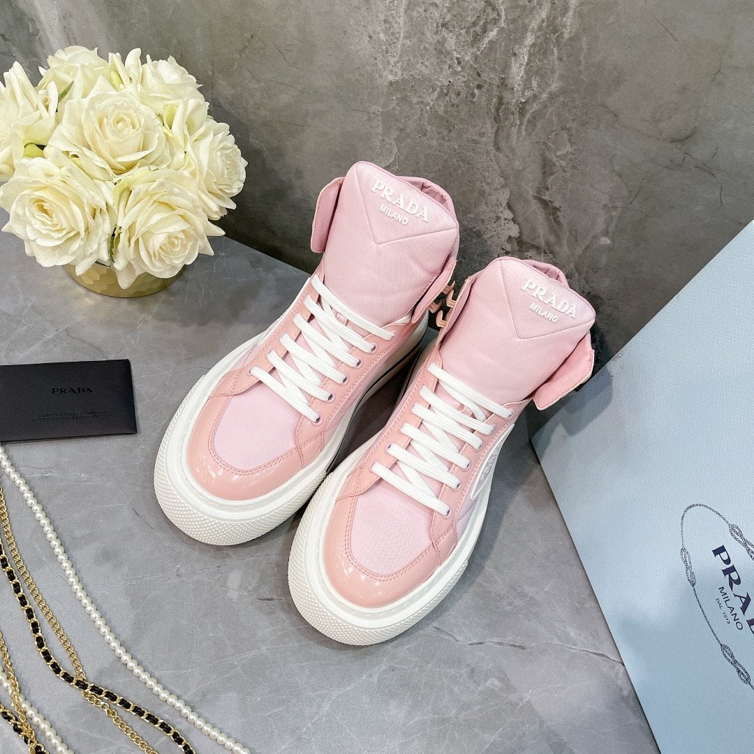 (1:1 replica) Prada Macro Re-Nylon And Brushed High-Top Sneakers Pink For Women 1.8in/45mm PRD