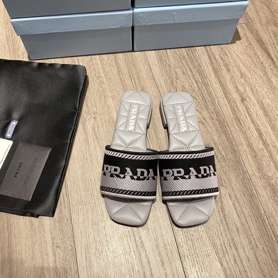 (1:1 replica) Prada Embroidered Fabric Slides Black/Grey For Women 0.4in/10mm PRD 1XX612_3LKB_F0EHZ_F_B010
