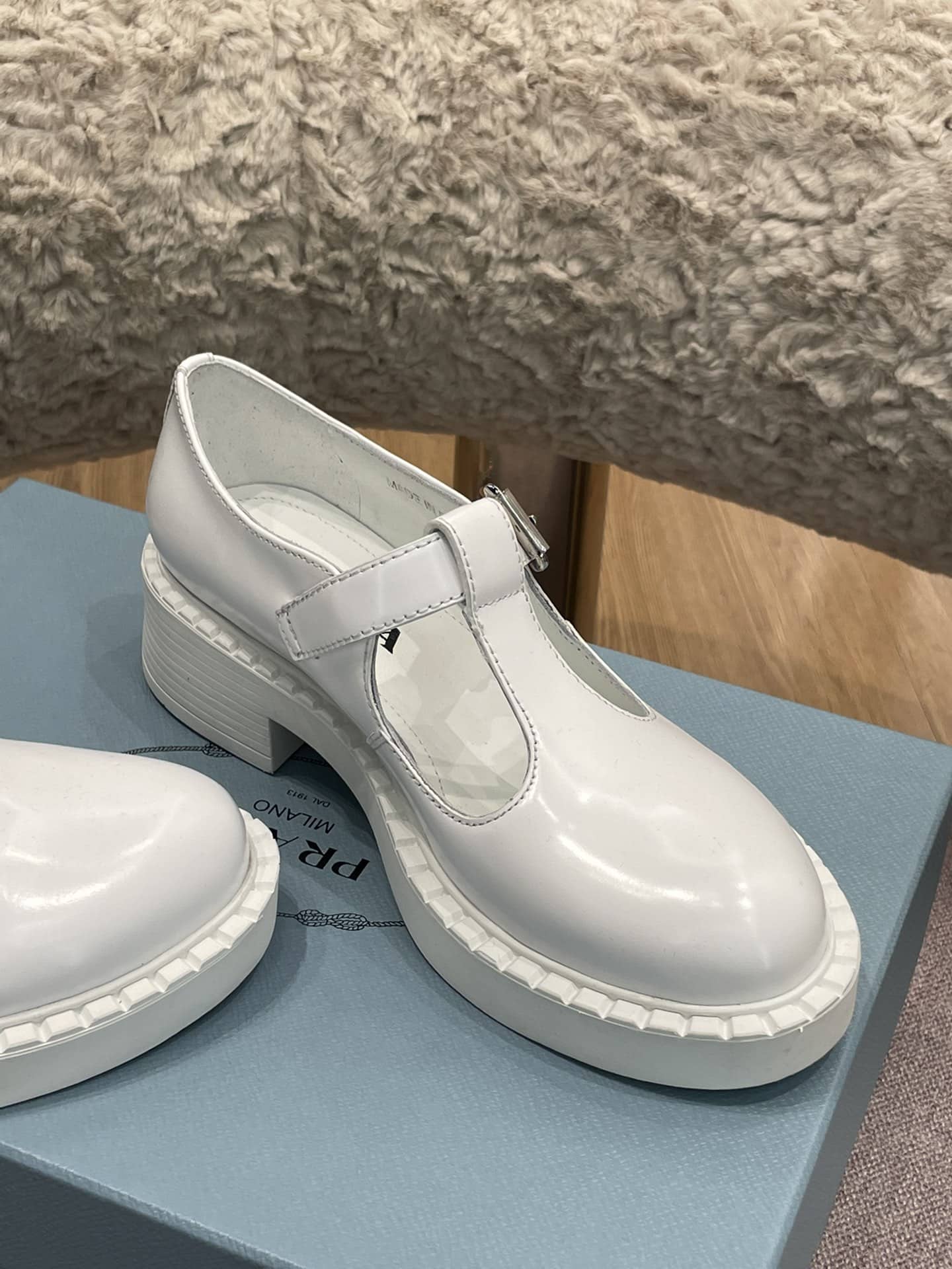 (1:1 replica) Prada Brushed Mary Jane T-strap Shoes White For Women 2in/50mm PRD 1E834M_055_F097W_F_B050