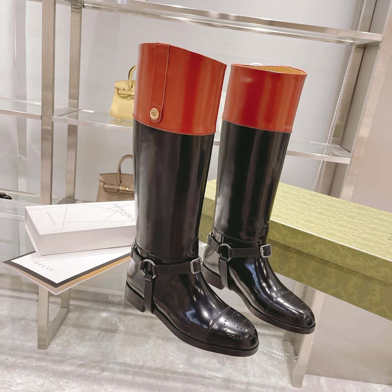 (1:1 replica) Gucci Knee-High Boot With Harness Black For Women GG 674670 DS8J0 1079