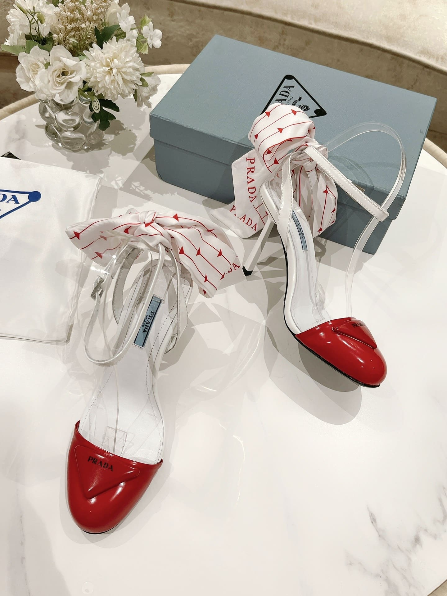 (1:1 replica) Prada Patent Sling-Back Pumps White/Red For Women 3.5/90mm PRD