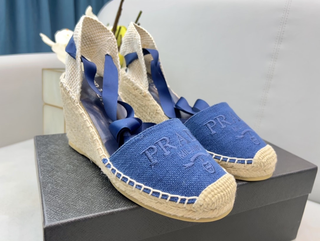 (1:1 replica) Prada Linen Espadrille Wedge Sandals Blue For Women 3.5in/90mm PRD 1IZ045_376_F0013_F_090