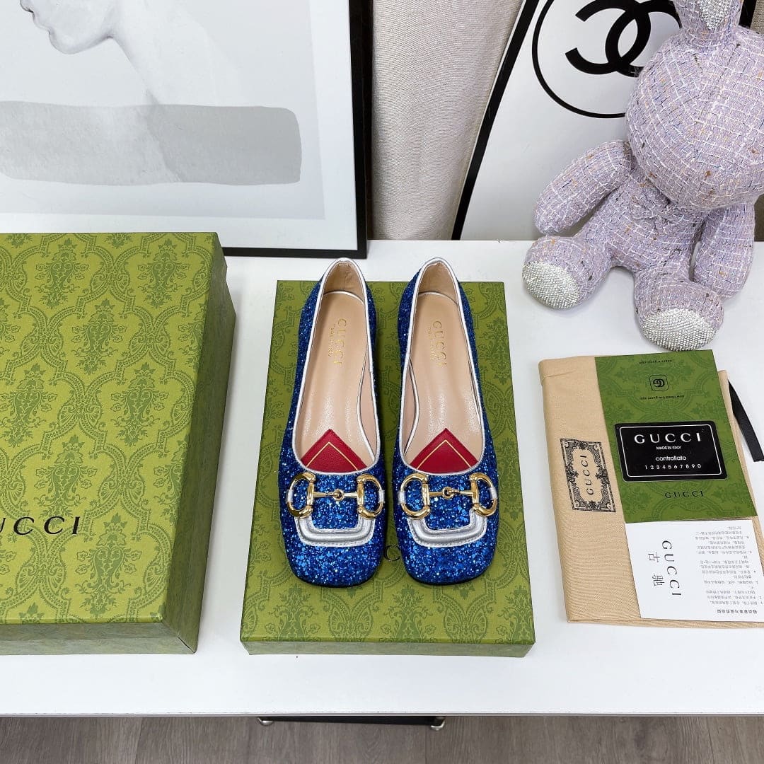 (1:1 replica) Gucci Lovelight Crystal Ballet Flat With Horsebit Blue For Women GG