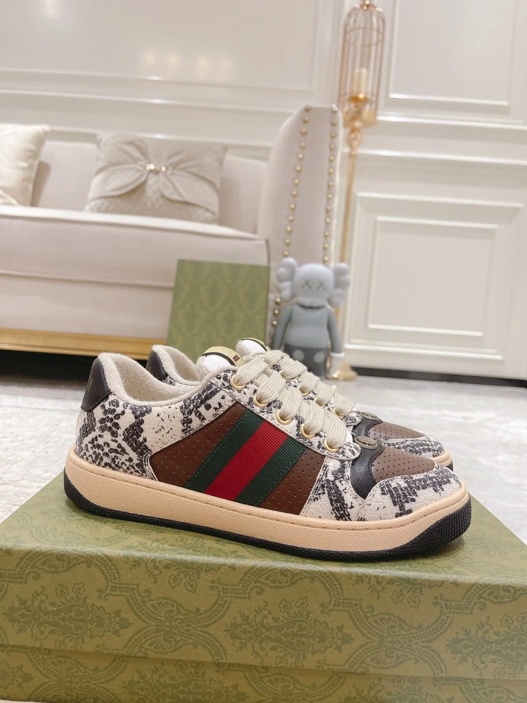 (1:1 replica) Gucci Screener Python-Effect Beige For Women GG Shoes 1496599