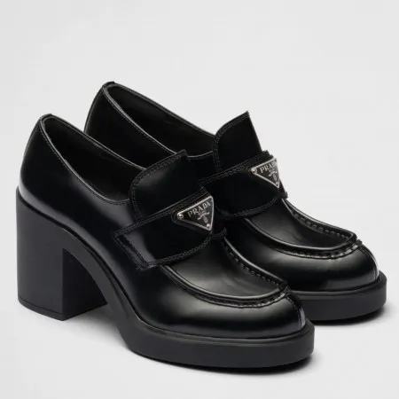 (1:1 replica) Prada Chocolate High-heeled Loafers In Black Brushed Leather PRL001