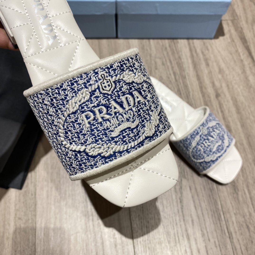 (1:1 replica) Prada Embroidered Fabric Slides Blue For Women 0.4in/10mm PRD