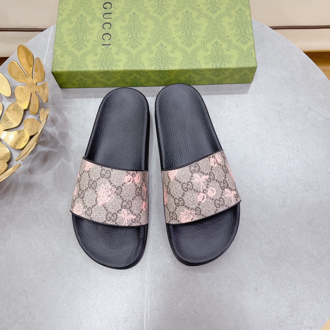 (1:1 replica) Gucci Women s GG Slide Sandal With Strawberry And Cherry Black For Women 407345