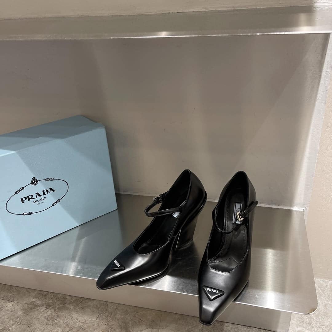 (1:1 replica) Prada Brushed Pumps Black For Women 3.7in/95mm PRD 1I982M_055_F0002_F_A095