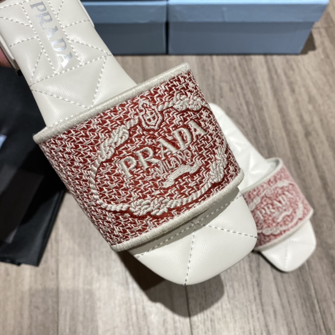 (1:1 replica) Prada Embroidered Fabric Slides Red For Women 0.4in/10mm PRD