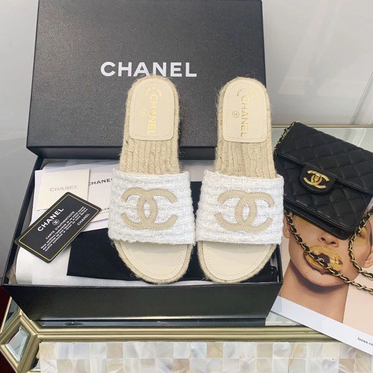 (1:1 replica) Chanel CC Espadrille Sandals Tweed/Calfskin Leather Spring/Summer Collection White/Beige