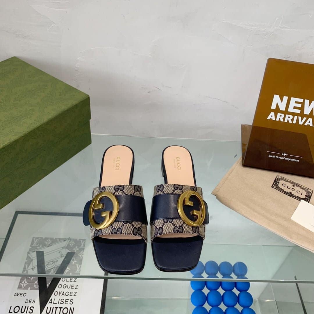 (1:1 replica) Gucci Blondie Matelasse Canvas Slide Sandal Black For Women GG