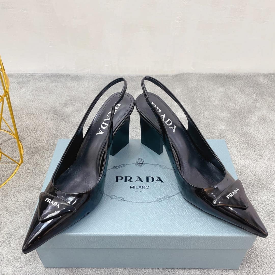 (1:1 replica) Prada Patent Sling-Back Pumps Black For Women 3.5in/90mm PRD