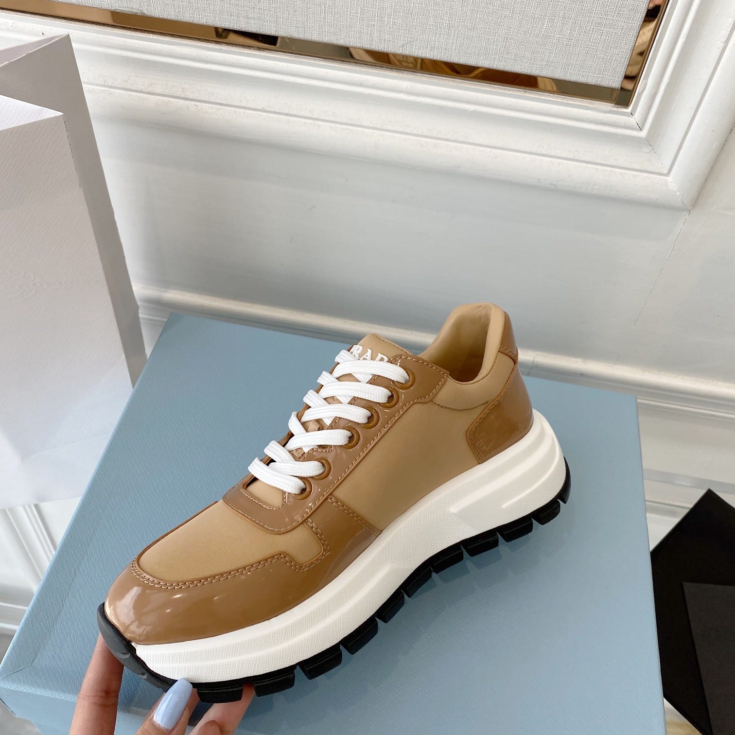 (1:1 replica) Prada Prax 01 Re-Nylon Gabardine Sneakers Brown For Women 1.8in/45mm PRD