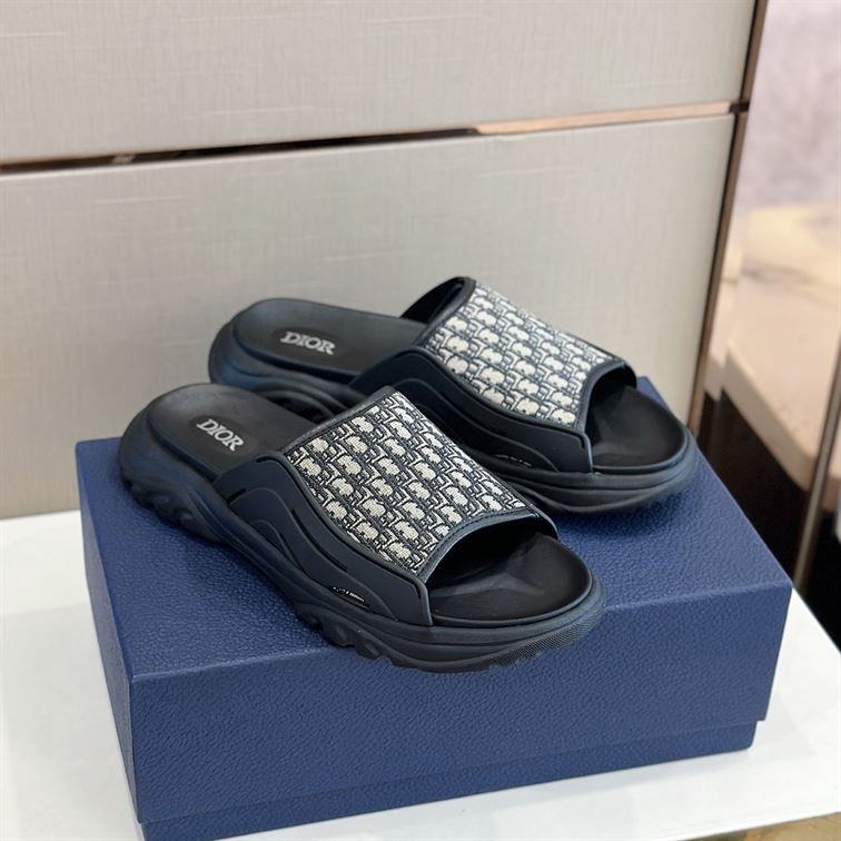 (1:1 replica) DIOR H-TOWN SANDAL BLACK RUBBER WITH BEIGE AND BLACK DIOR OBLIQUE JACQUARD DS002